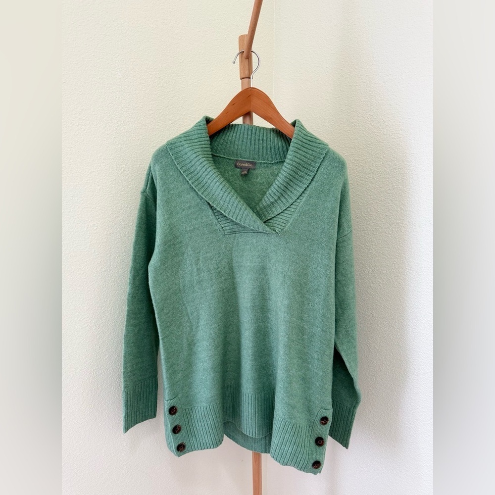 Style & Co. NWOT Light Green Shawl Collar Button Trim Tunic Sweater Size Small
